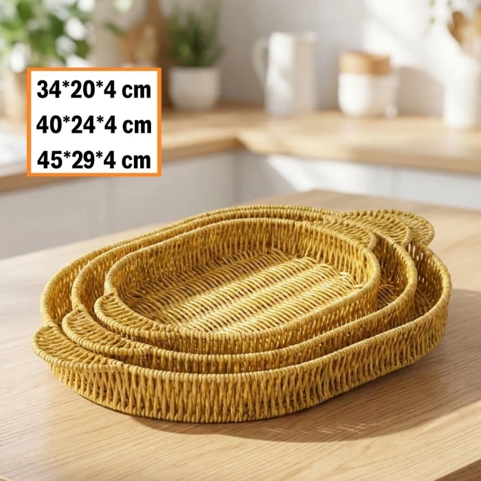 İç İçe Geçebilen 3’lü Oval Plastik Rattan Tepsi Seti–Hasır Görünümlü Çok Amaçlı Servis ve Sunum Tepsileri (4940)