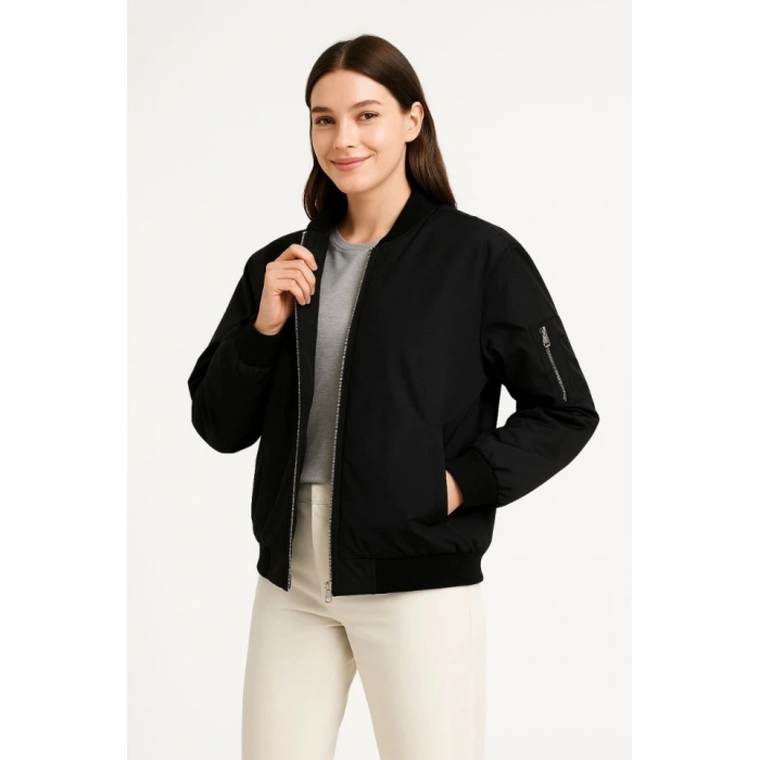 Içi Astarlı Fermuarlı Bomber Mont Ceket - Siyah