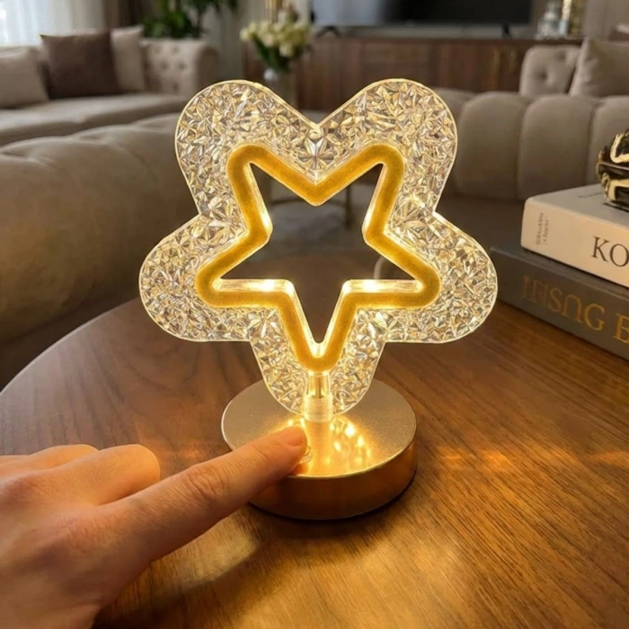 İçi Boş Yıldız Şeklinde Kristal LED Masa Lambası – Dokunmatik, 3 Renk Işık Modlu, Şarjlı Mini Dekoratif Gece Lambası (4940)