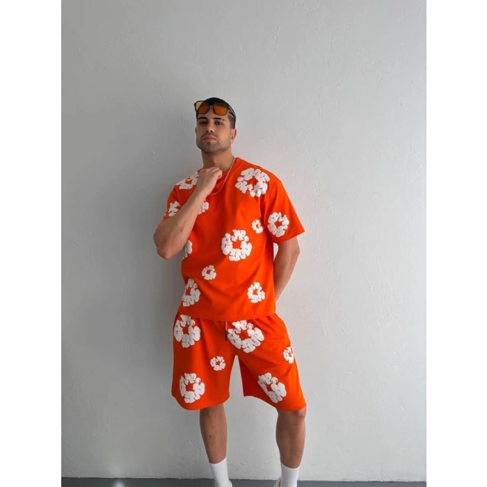 İki İplik Kumaş Baskılı T-shirt Şortlu Takım- Turuncu