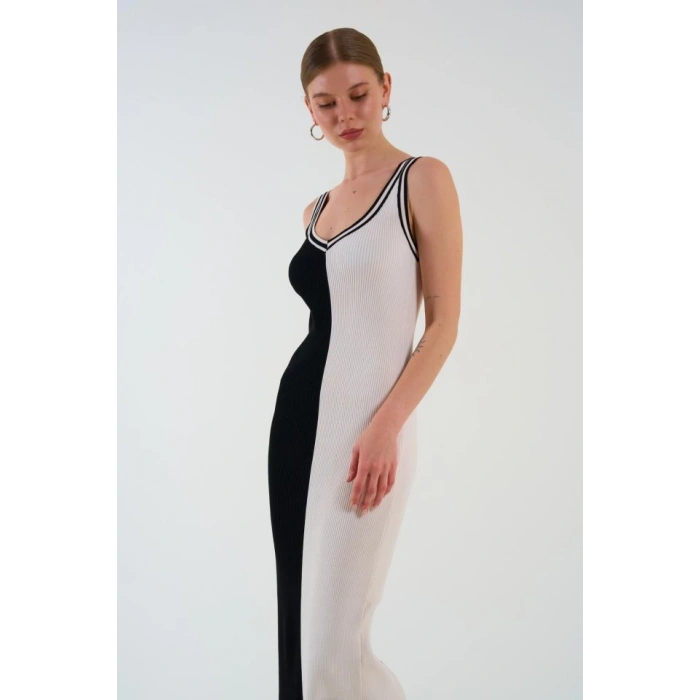 İki Renki Kolsuz Elbise - Siyah-Krem