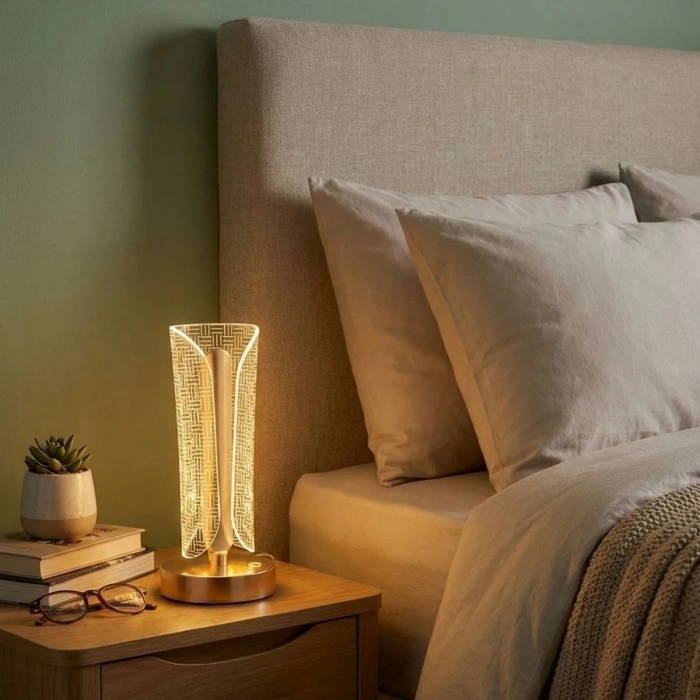 İki Yandan Kavisli Silindirik Çizgi Model Kristal LED Masa Lambası – Dokunmatik, 3 Renk Işık Modlu, Şarjlı Dekoratif Gece Lambası (4940)