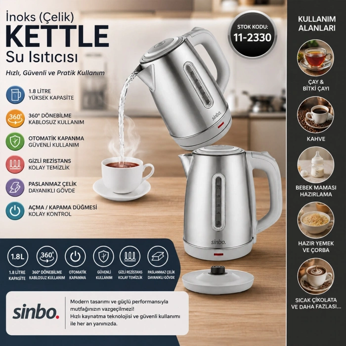 İNOKS ÇELİK KETTLE SU ISITICISI KABLOSUZ KULLANIM 1.8LT 360° DÖNEBİLME OTOMATİK KAPANMA SK-8031 (4940)