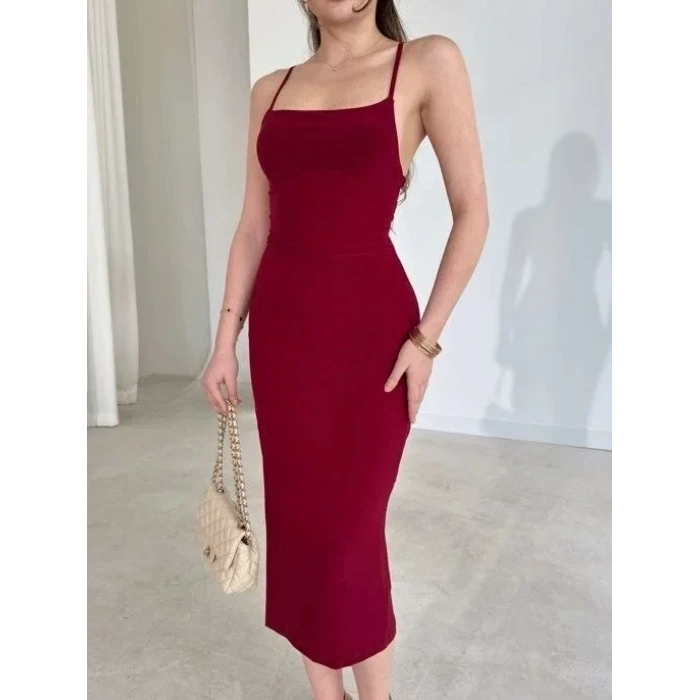 İp Askılı Sırt Dekolteli Bağlama Detaylı Yırtmaçlı Midi Elbise - Bordo