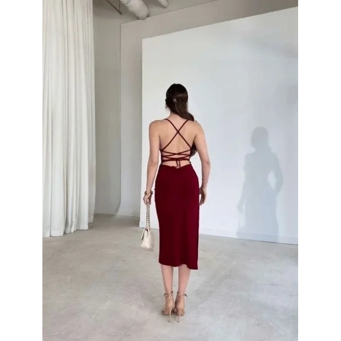 İp Askılı Sırt Dekolteli Bağlama Detaylı Yırtmaçlı Midi Elbise - Bordo