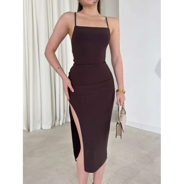 İp Askılı Sırt Dekolteli Bağlama Detaylı Yırtmaçlı Midi Elbise - Kahverengi