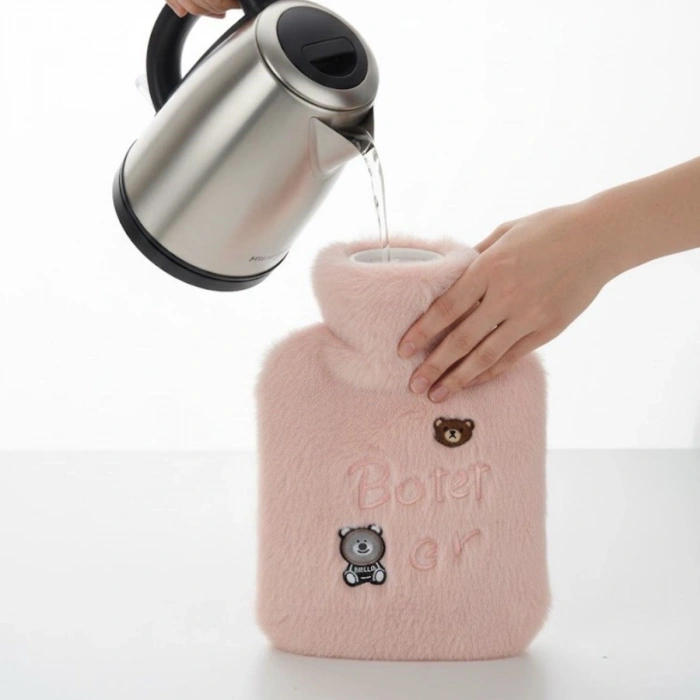 Işıklı Ayıcıklı Figürlü Pembe Peluş Sıcak Su Torbası 1 Lt – Yumuşak Kılıf, Uzun Süre Sıcak Tutan Termal Su Torbası (4940)