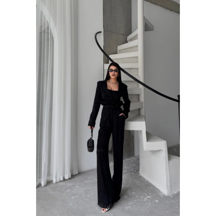 JAKARLI BLUZU TASARIM DETAYLI CEKET-PANTOLON-BLUZ 3 LÜ TAKIM - Siyah