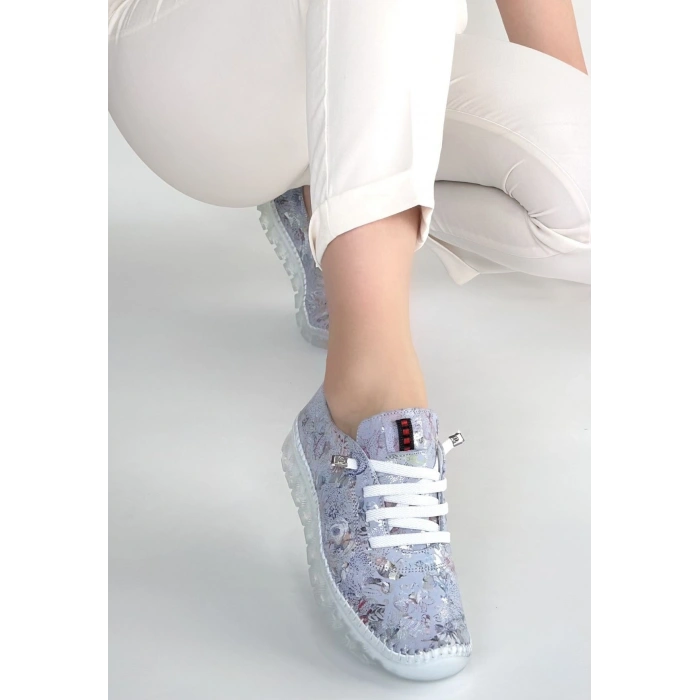 Kinte Lila Desenli Deri Bağcıklı Spor Ayakkabı