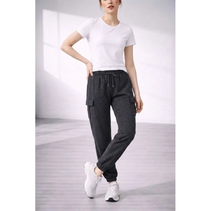 Jogger Eşofman Altı Rahat Kalıp, Kargo Cepli, Lastikli Paça, Günlük Spor Pantolon - Füme
