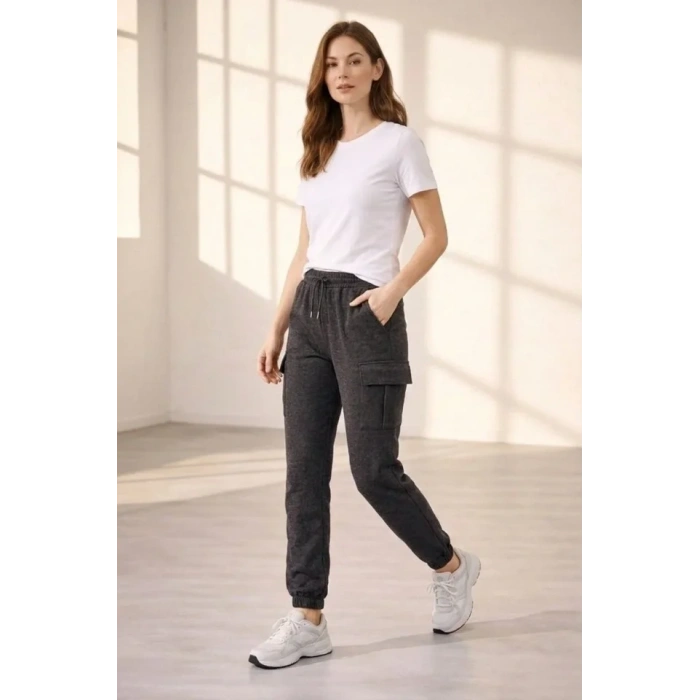 Jogger Eşofman Altı Rahat Kalıp, Kargo Cepli, Lastikli Paça, Günlük Spor Pantolon - Füme
