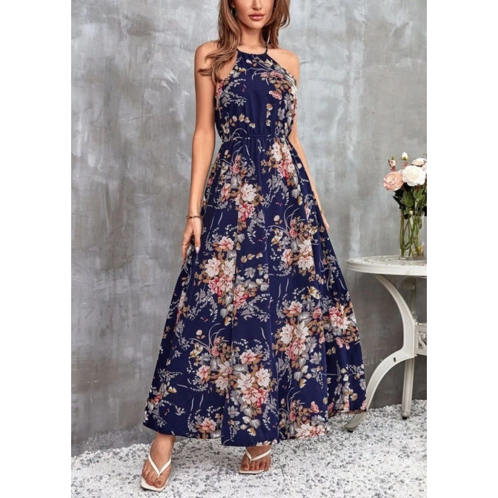 Kadın Açık Omuz Halter Yaka Beli Lastikli Büzgü Detay önden Yırtmaçlı çiçek Desenli Süprem Elbise