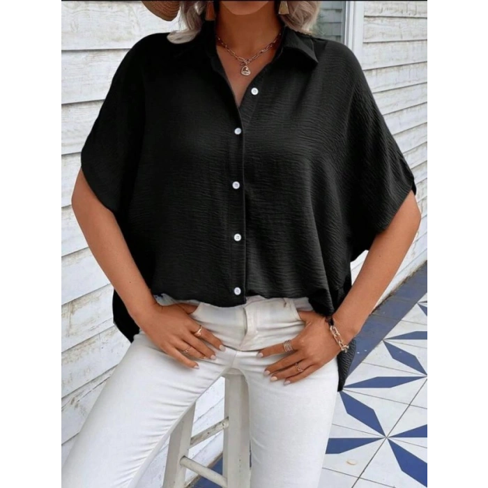 Kadın Aerobin Kumaş Oversize Kısa Kollu Gömlek