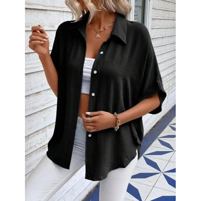 Kadın Aerobin Kumaş Oversize Kısa Kollu Gömlek