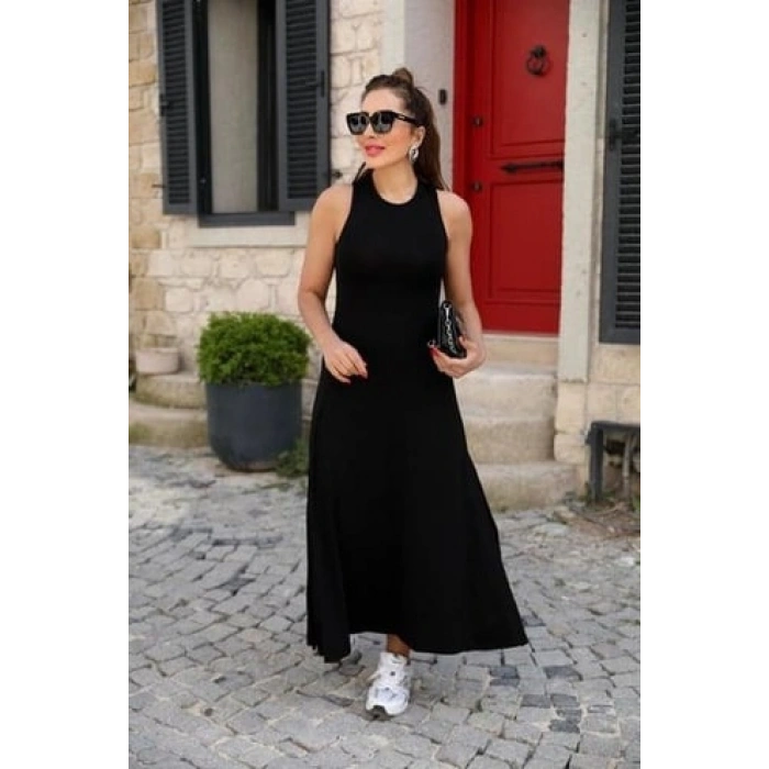 Kadın Arkadan çapraz Detay Yuvarlak Yaka Maksi Viskon Elbise