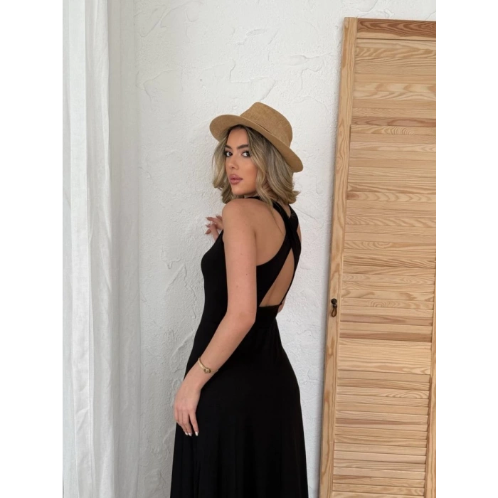 Kadın Arkadan çapraz Detay Yuvarlak Yaka Maksi Viskon Elbise