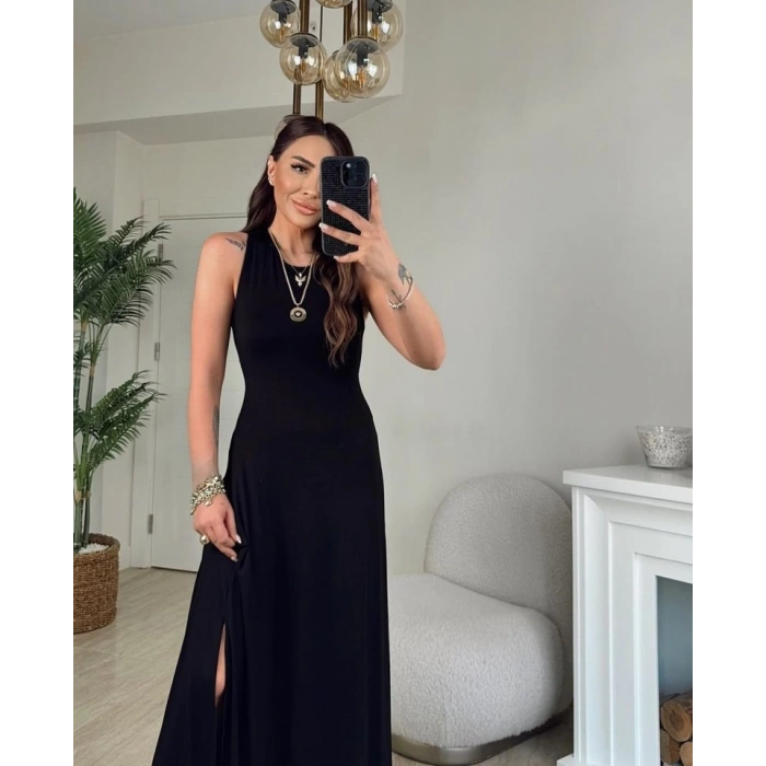 Kadın Arkadan çapraz Detay Yuvarlak Yaka Maksi Viskon Elbise