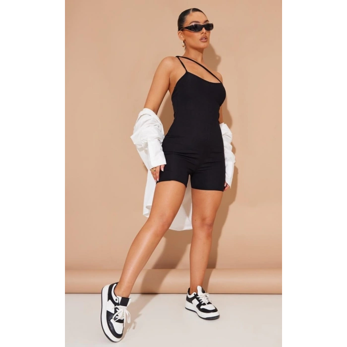 Kadın Asimetrik Askılı Mini Kaşkorse Bodycon Tulum