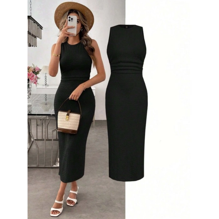 Kadın Askılı Bisiklet Yaka Beli Büzgülü Uzun Bürümcük Elbise