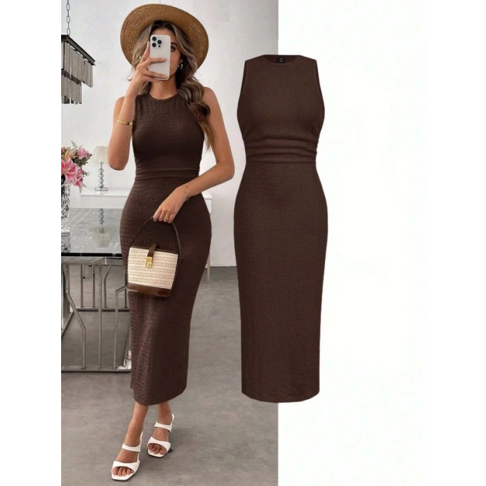 Kadın Askılı Bisiklet Yaka Beli Büzgülü Uzun Bürümcük Elbise