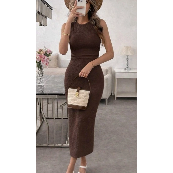 Kadın Askılı Bisiklet Yaka Beli Büzgülü Uzun Bürümcük Elbise