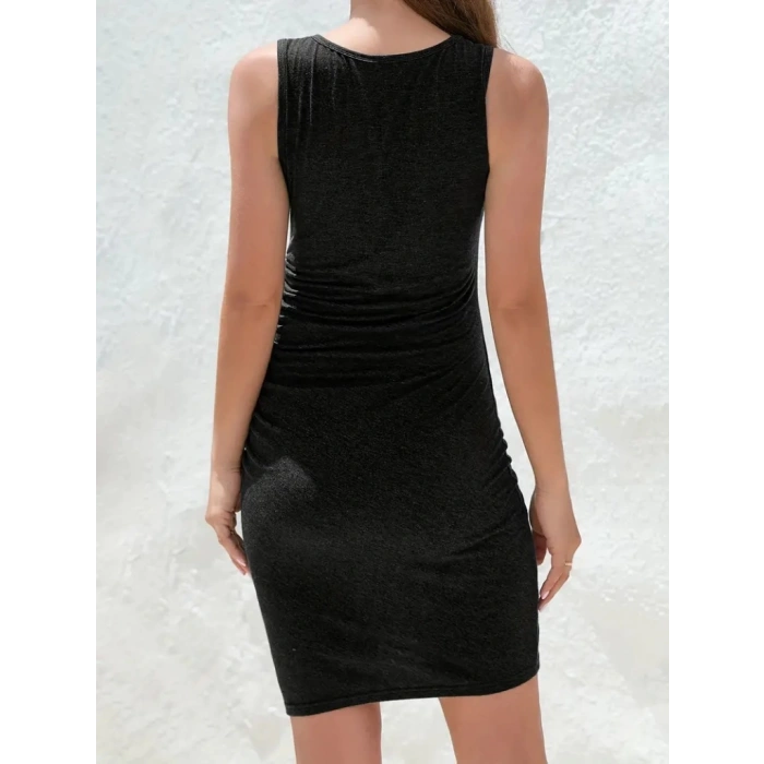 Kadın Askılı Bisiklet Yaka Yandan Büzgülü önden çapraz Detay Viskon Kısa Elbise