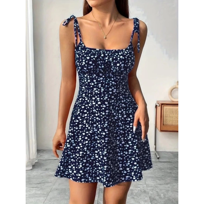 Kadın Askılı Büzgü Detaylı Kare Yaka çiçek Desenli Mini Süprem Elbise