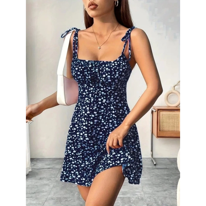 Kadın Askılı Büzgü Detaylı Kare Yaka çiçek Desenli Mini Süprem Elbise