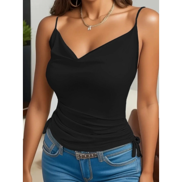 Kadın Askılı Degaje Yaka Yanlardan Büzgülü Sandy Bluz