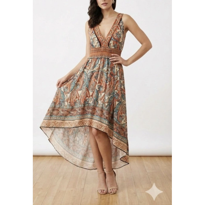 Kadın Askılı Derin Göğüs Detaylı Asimetrik Detaylı Süprem Elbise