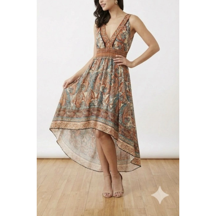 Kadın Askılı Derin Göğüs Detaylı Asimetrik Detaylı Süprem Elbise