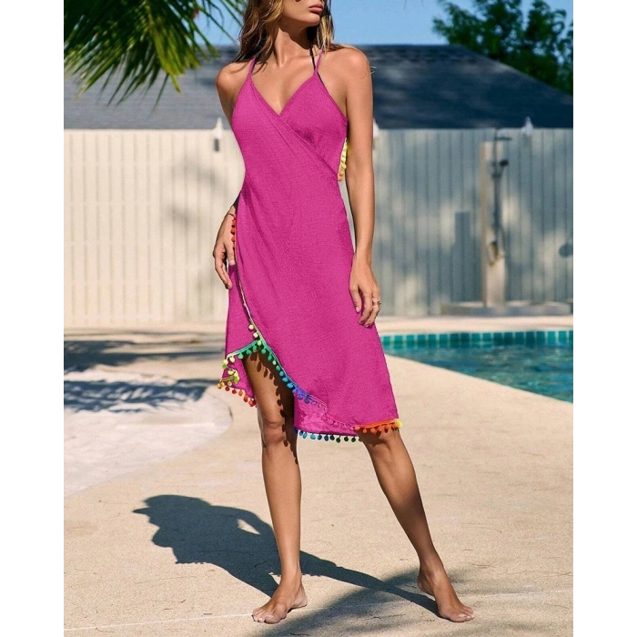 Kadın Askılı Derin V Yakalı çapraz Geçmeli Ponponlu Bürümcük Pareo