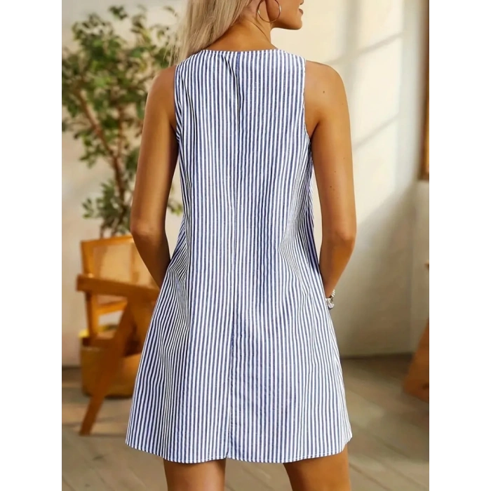 Kadın Askılı Düğme Detaylı Bisiklet Yaka Cep Detaylı çizgili Poplin Mini Elbise
