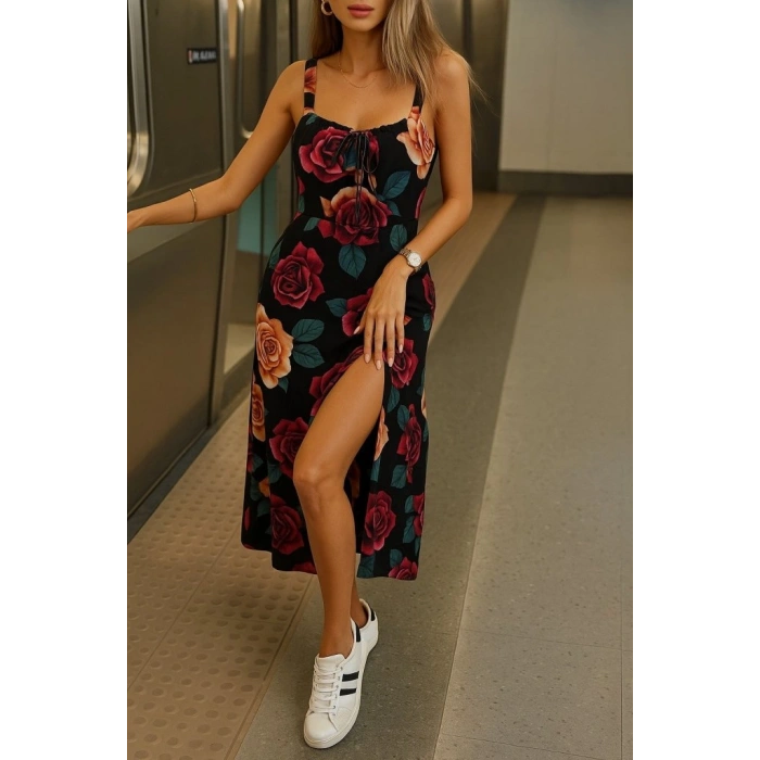 Kadın Askılı Geniş V Yakalı Sırttan Bağlamalı Yırtmaçlı Süprem Elbise