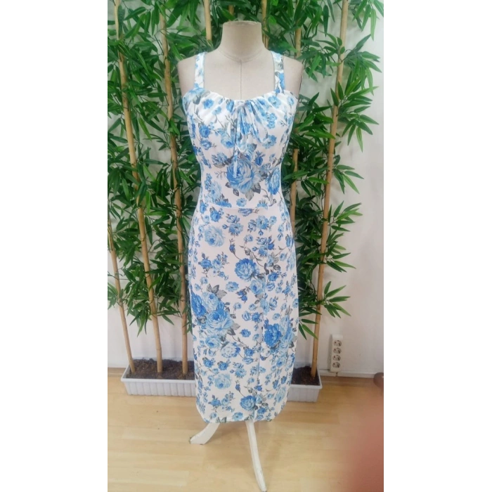 Kadın Askılı Geniş V Yakalı Sırttan Bağlamalı Yırtmaçlı Süprem Elbise