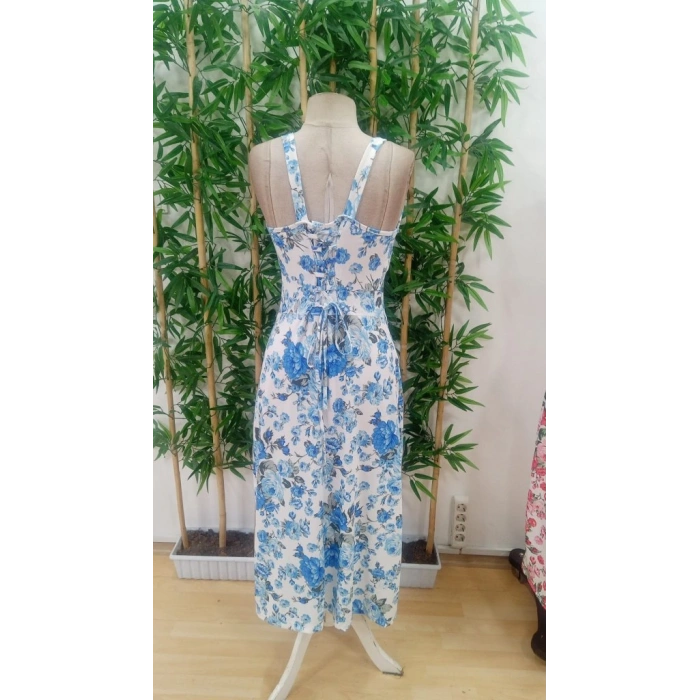 Kadın Askılı Geniş V Yakalı Sırttan Bağlamalı Yırtmaçlı Süprem Elbise