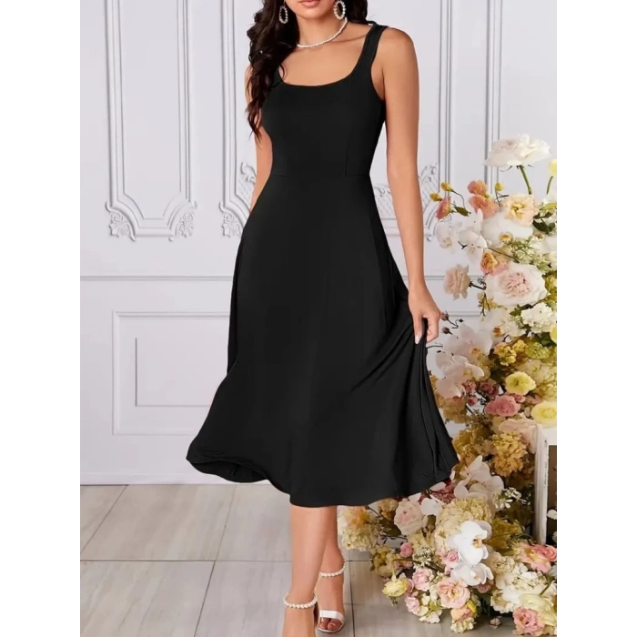 Kadın Askılı Geometrik Yakalı Geniş Kesim Detaylı Ithal Krep Elbise