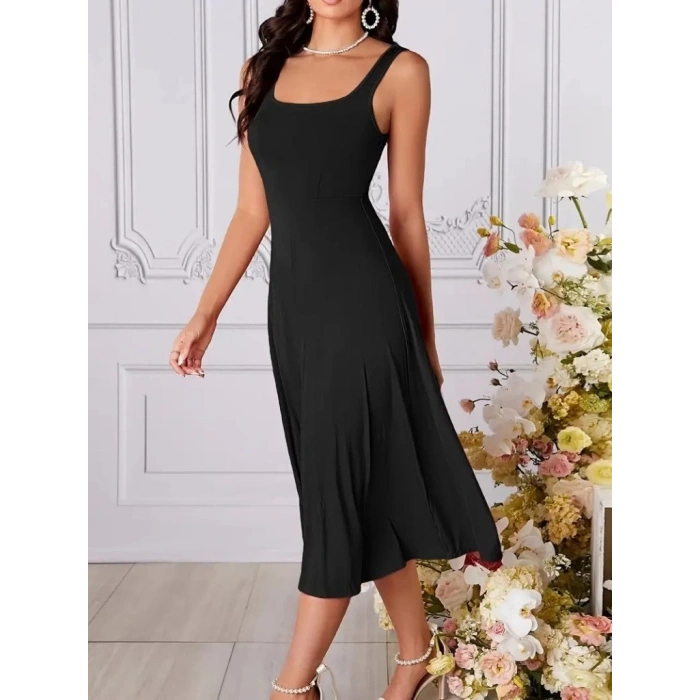 Kadın Askılı Geometrik Yakalı Geniş Kesim Detaylı Ithal Krep Elbise