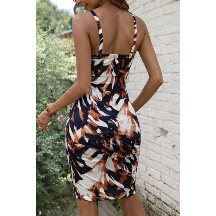 Kadın Askılı Halka Detaylı Kruvaze Yakalı Desenli Süprem Kısa Elbise