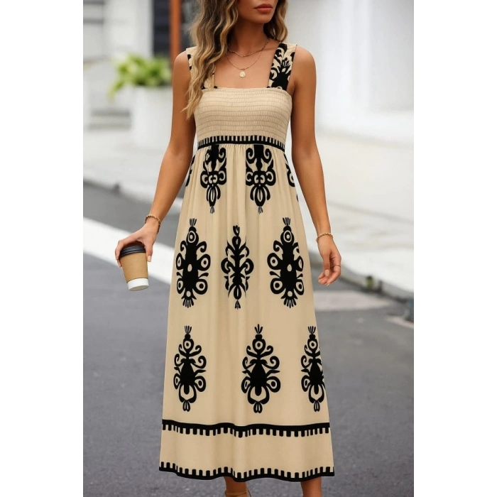 Kadın Askılı Kare Yaka Gipe Detaylı Desenli Suprem Elbise