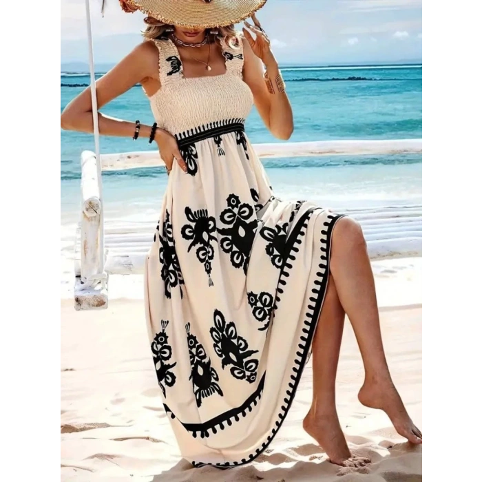 Kadın Askılı Kare Yaka Gipe Detaylı Desenli Suprem Elbise