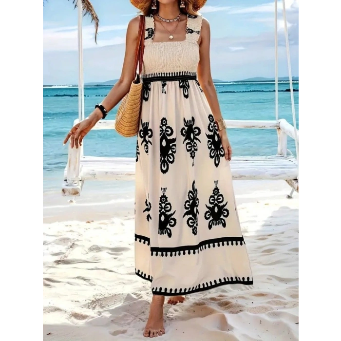 Kadın Askılı Kare Yaka Gipe Detaylı Desenli Suprem Elbise