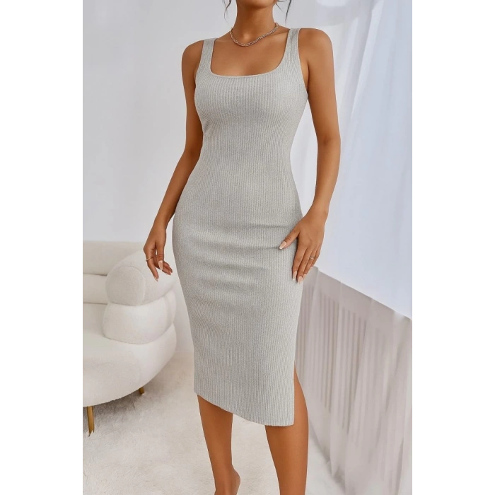 Kadın Askılı Kare Yaka Yandan Yırtmaçlı Midi Kaşkorse Elbise