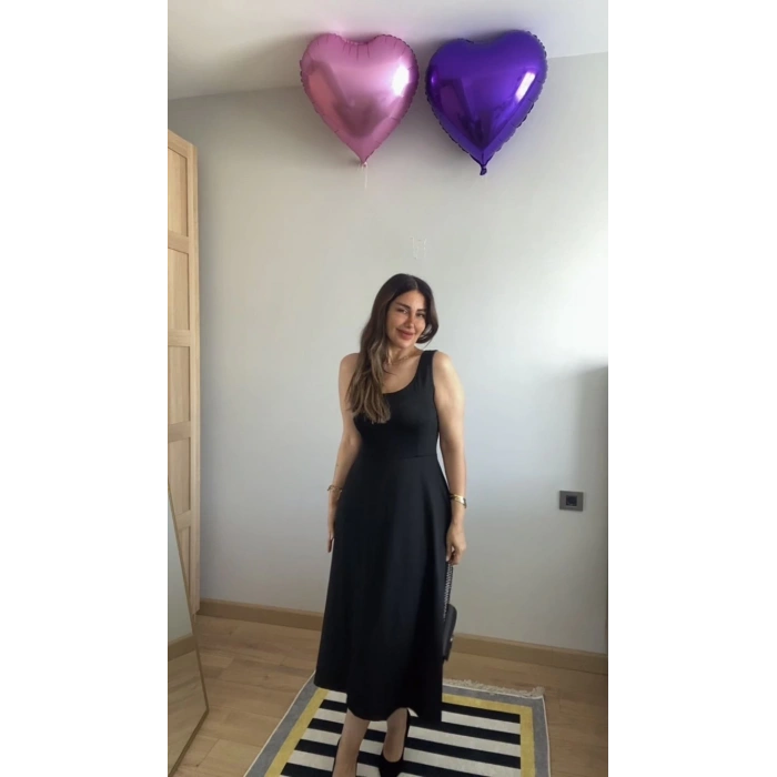 Kadın Askılı Kare Yaka Yırtmaçlı Midi Janjan Krep Elbise