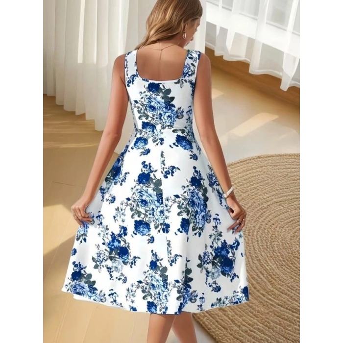 Kadın Askılı Kare Yakalı çiçek Desenli Midi Dalgıç Elbise