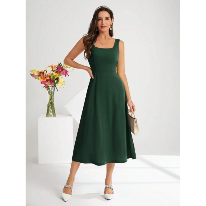 Kadın Askılı Kare Yakalı Midi Ithal Krep Elbise