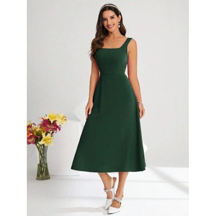 Kadın Askılı Kare Yakalı Midi Ithal Krep Elbise