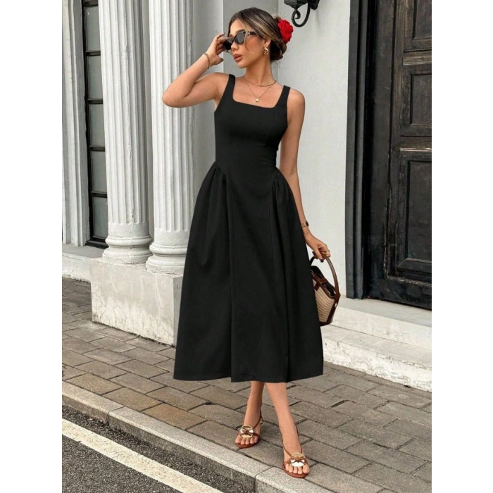 Kadın Askılı Kare Yakalı Uzun Ithal Krep Elbise