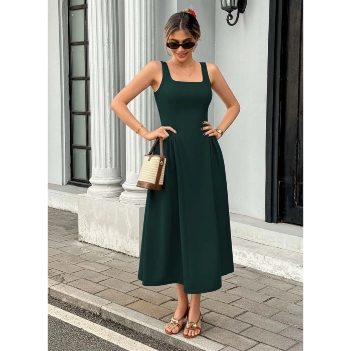 Kadın Askılı Kare Yakalı Uzun Ithal Krep Elbise