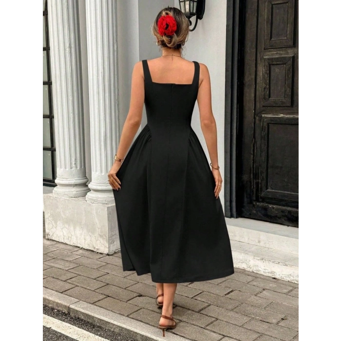 Kadın Askılı Kare Yakalı Uzun Ithal Krep Elbise